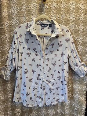 Lands' End Women Top Blouse Shirt Ivory Floral Button Up Collared Long Size L